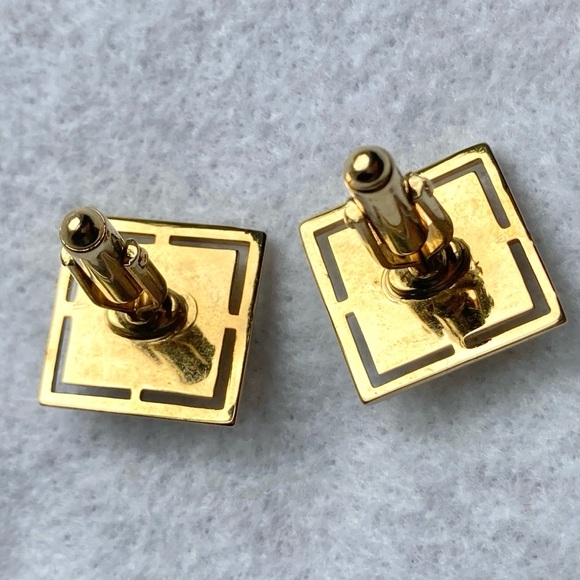 Vintage Cufflinks Goldtone Green Oval Cabochon Square - Picture 3 of 5